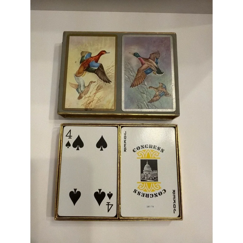 Vintage Congress Double Deck Playing Cards Mallard Ducks in Flight with Suede Bo